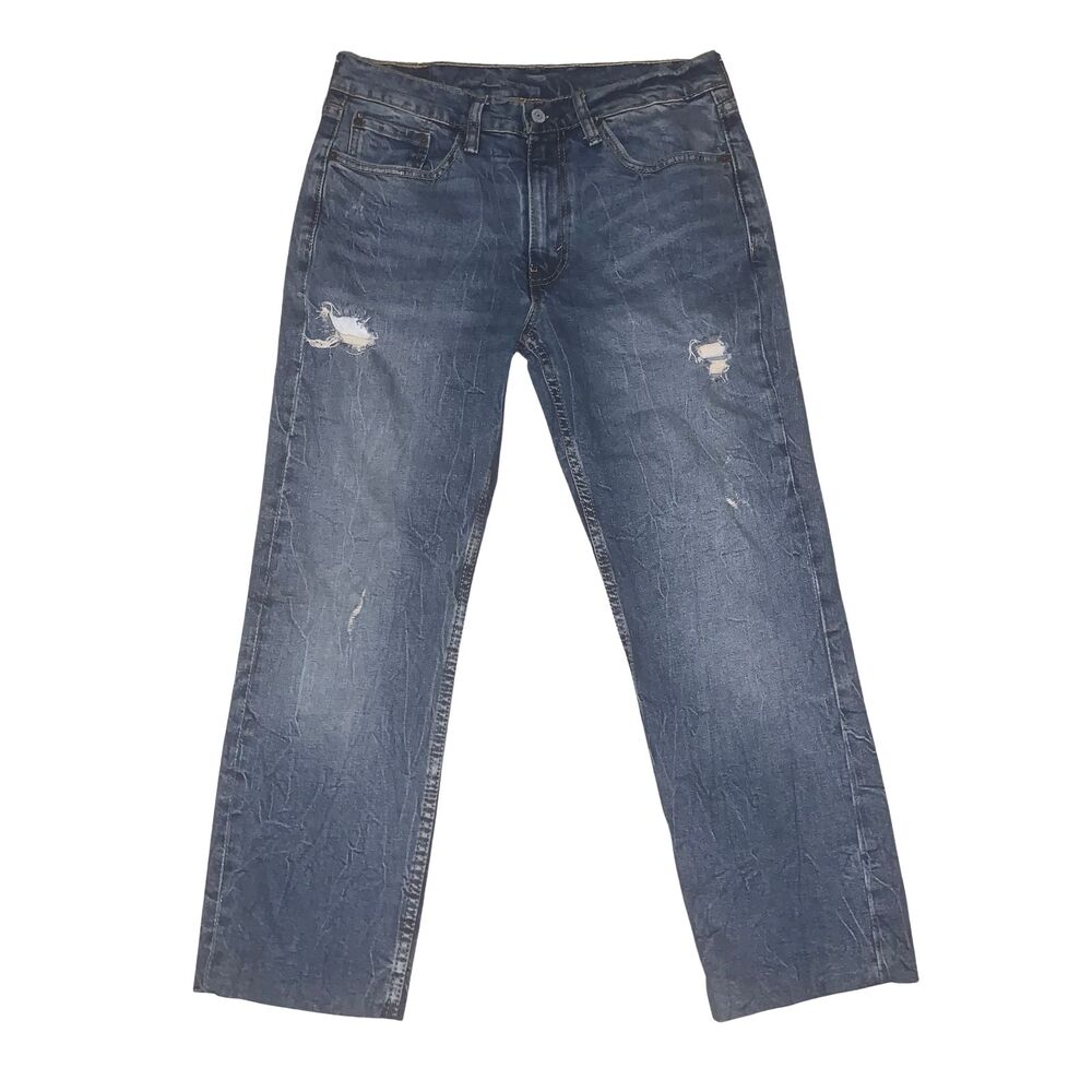Levi's 514 Jeans Mens 32x32 Blue Straight Ripped Distressed Denim Hemmed